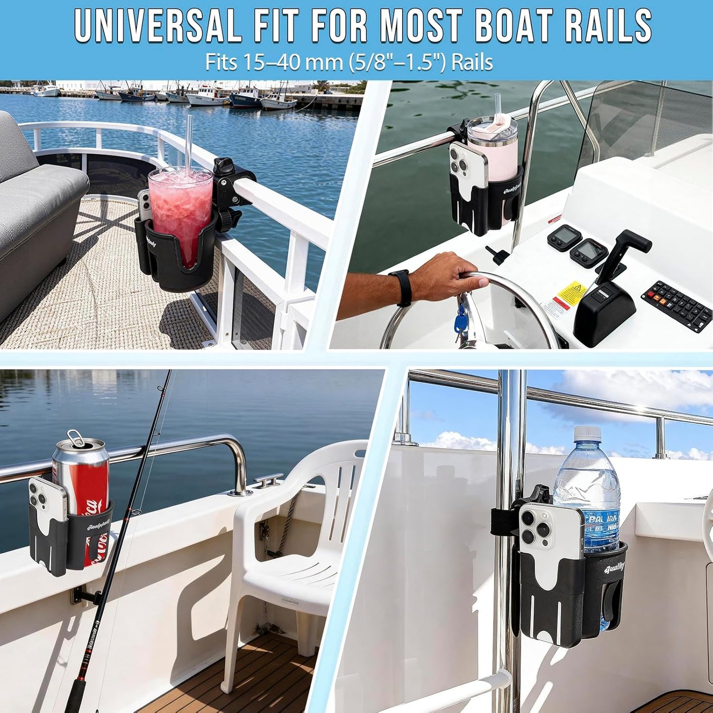 QualyQualy Boat Rail Cup Holder 2 Pack, No-Drill Clamp-On Marine Cup Holders 360° Adjustable for Pontoon Boat, Bimini Top, Grab Bar, PWC, Jet Ski, Fits Round & Square Rails 15-40mm, Boat Gifts for Men