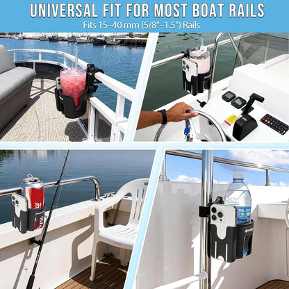 QualyQualy Boat Rail Cup Holder 2 Pack, No-Drill Clamp-On Marine Cup Holders 360° Adjustable for Pontoon Boat, Bimini Top, Grab Bar, PWC, Jet Ski, Fits Round & Square Rails 15-40mm, Boat Gifts for Men