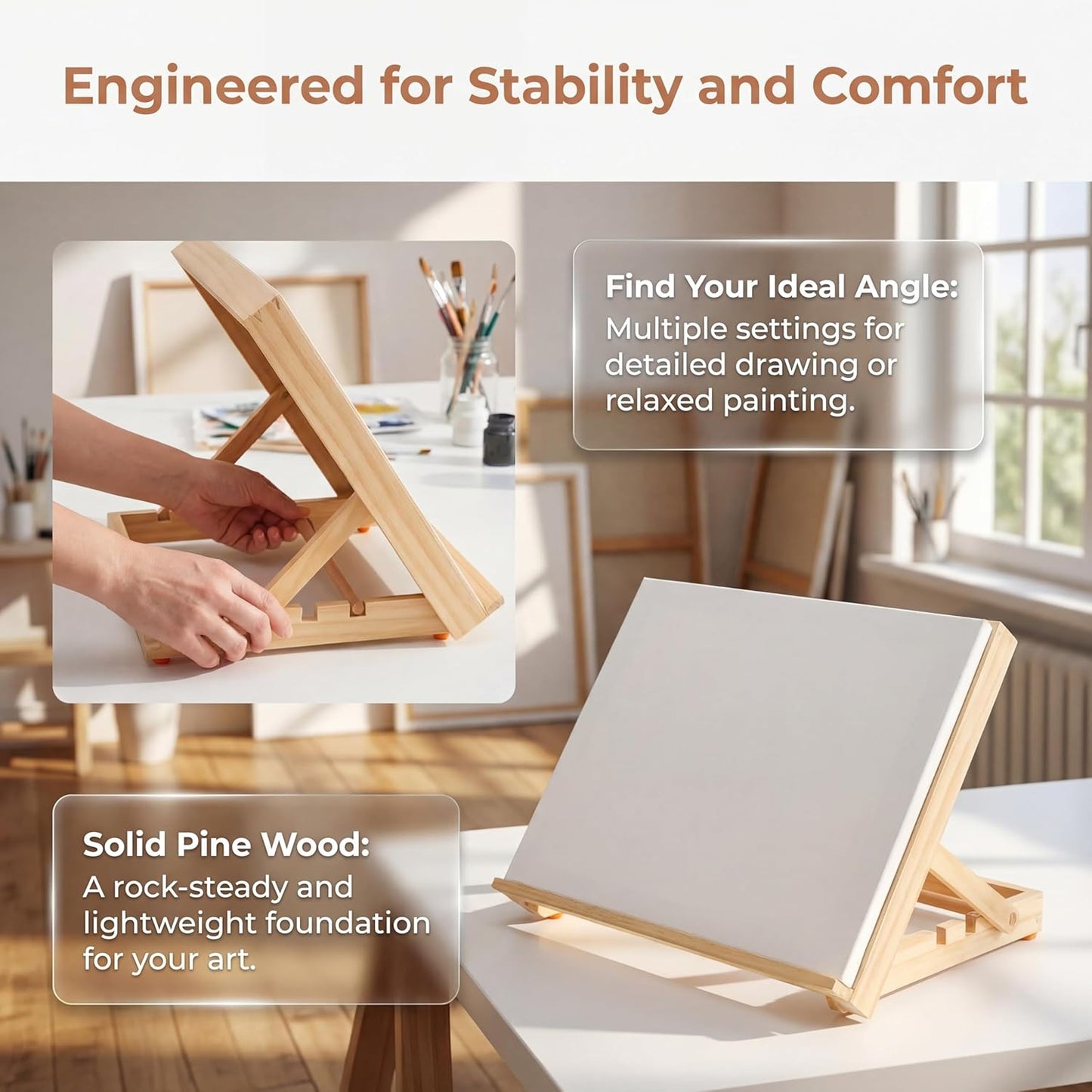 Tabletop Easel, Adjustable & Portable Desktop Art Stand, 13”x9” Solid Pine Wood Drawing Board for Painting, Drawing Canvas & Sketchbooks, Perfect for Adults & Artists