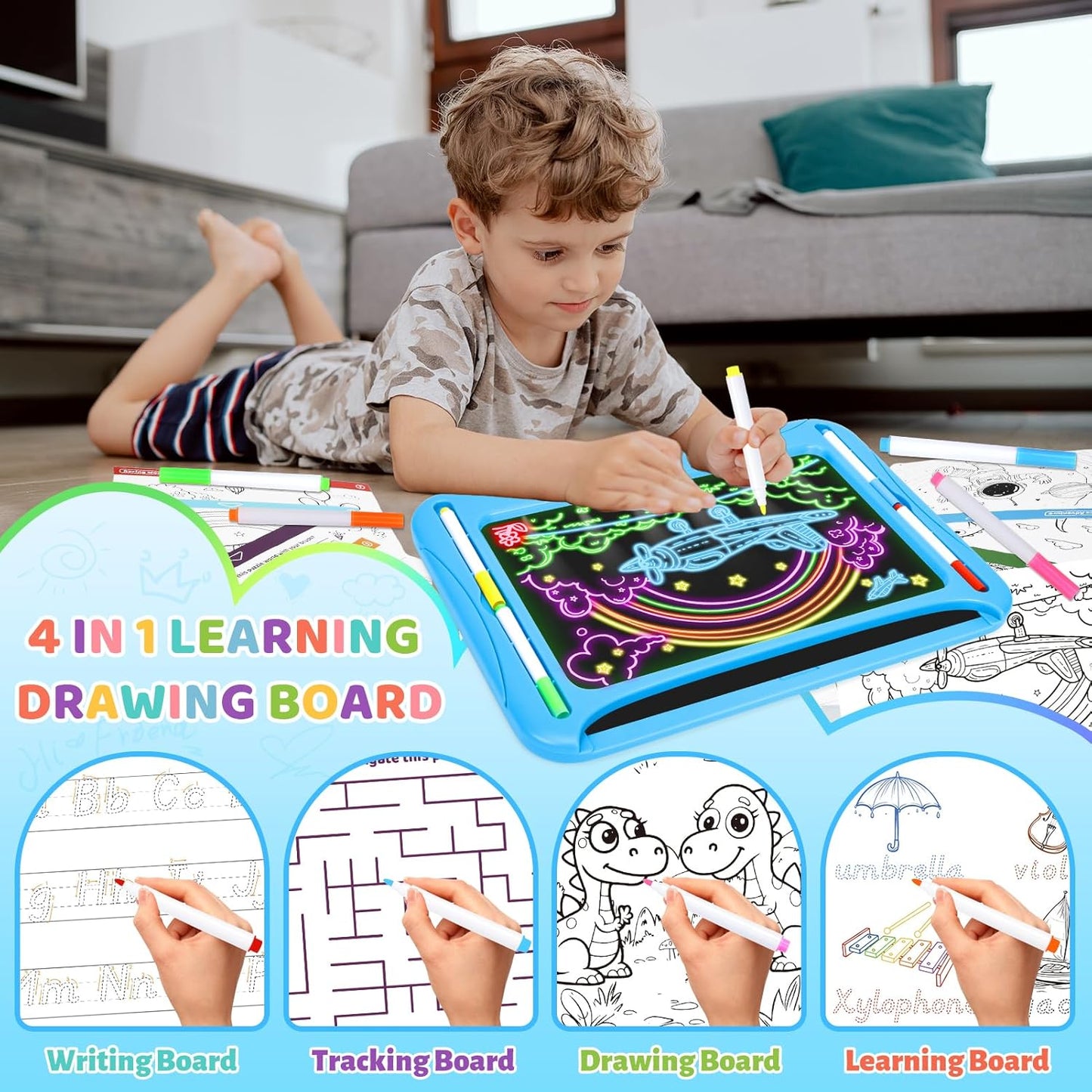 LED Drawing Board, Magic Kids Toys for Boys 4-6, Christmas Birthday Gifts, Light Up Tracing Pad, 9 Double-Sided Cards, 6 Markers, Glow in The Dark Doodle Writing Tablet, Learning Toy Arts Crafts Kits