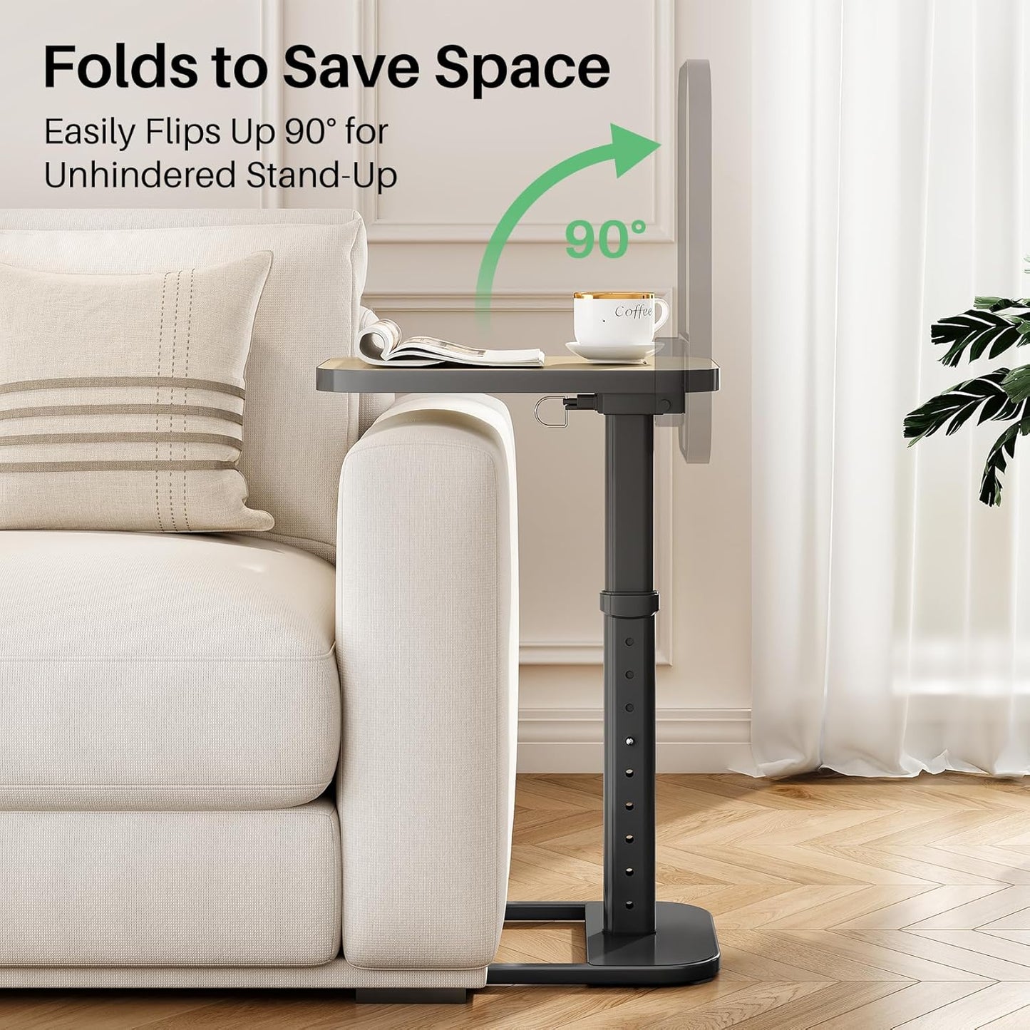 Kitstorack TV Tray Table, Adjustable Height & Flip-Top & Rounded Metal Corners, Snack Table for Couch, Sofa, Bed, Chair, Living Room, C Shaped End Side Table for Eating, Dinner or Laptop, Small Spaces