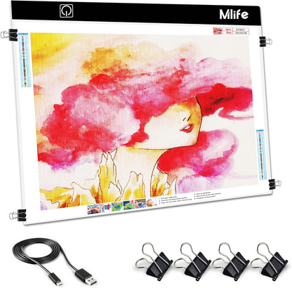 Mlife A2 LED Light Pad for Diamond Art Painting Light Board with 3 Brightness, Tracing Light Board with USB Cable & 4 Fasten Clips for Sketching, Animation, Drawing, Diamond Art Painting Supplies