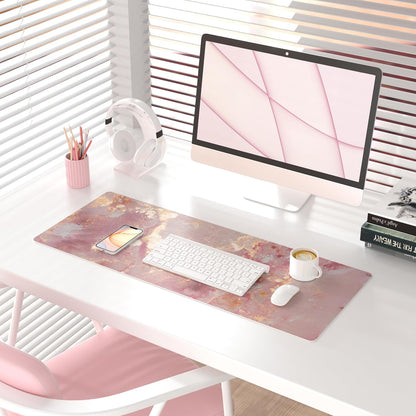 QIYI Large Mouse Pad, Cute Pink Desk Mat for Desktop, Women Girls PU Leather Desk Pad Waterproof Gaming Mousepad, Rose Gold Marble Computer Protector Writing Pad for School Office Home 31.5" x 15.7"