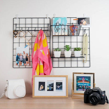 2 Pack Wire Wall Grid Panel With Accessories | Includes Hanging Basket, Shelf & Hook Rack | Photo Grid Wall Panels | Hanging Home, Office & Kitchen Décor | Metal & Black