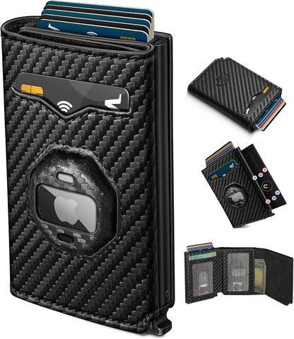 Airtag Wallet for Men,with Cash Pocket 2 ID Window 10+ Cards,Metal Case Smart Slim Pop Up Credit Card Holder Flip with Magnetic Closure RFID Blocking Trifold Leather wallet with Gift Box