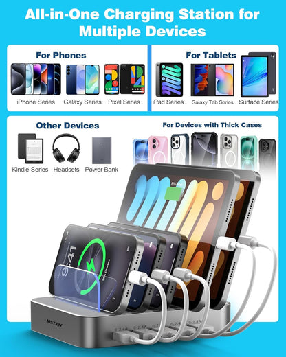 MSTJRY Charging Station for Multiple Devices : 5 Port Multi USB-A Charger Stations Multi-Device Organizer Charging Dock Designed for iPhone iPad Cell Phone Tablets (7 Short Cables Included)
