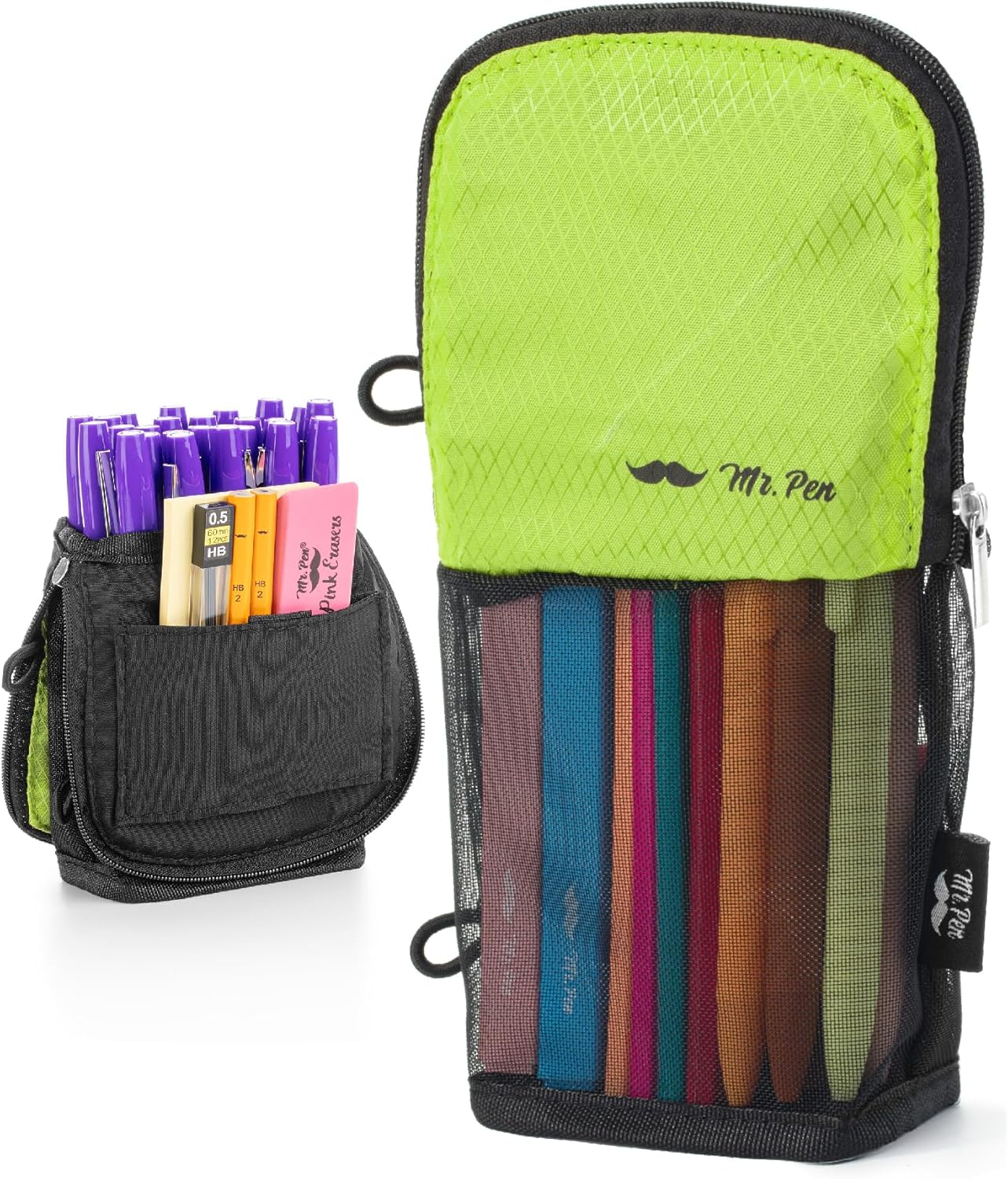 Mr. Pen- Standing Pencil Case Pouch, Sit & Lay Mesh-View Design, Black & Gray, Interior Pocket & 2 Elastic Binder Loops, Cute Pencil Case for Girls and Boys