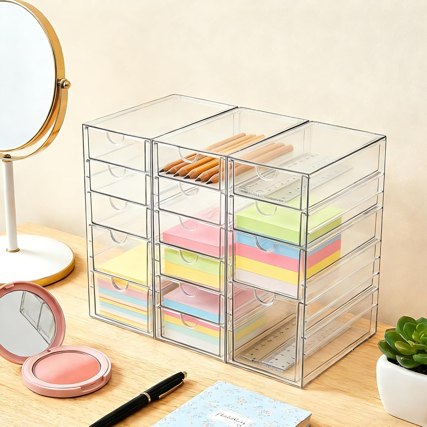 Prsildan Acrylic Drawer Makeup Organizer with 6 Drawers (Not for Baby Bottle), Set of 2 Office Desk Organizers Accessories, Clear Stackable Storage Drawers for Vanity, Craft (Largest Drawer 4" Tall)