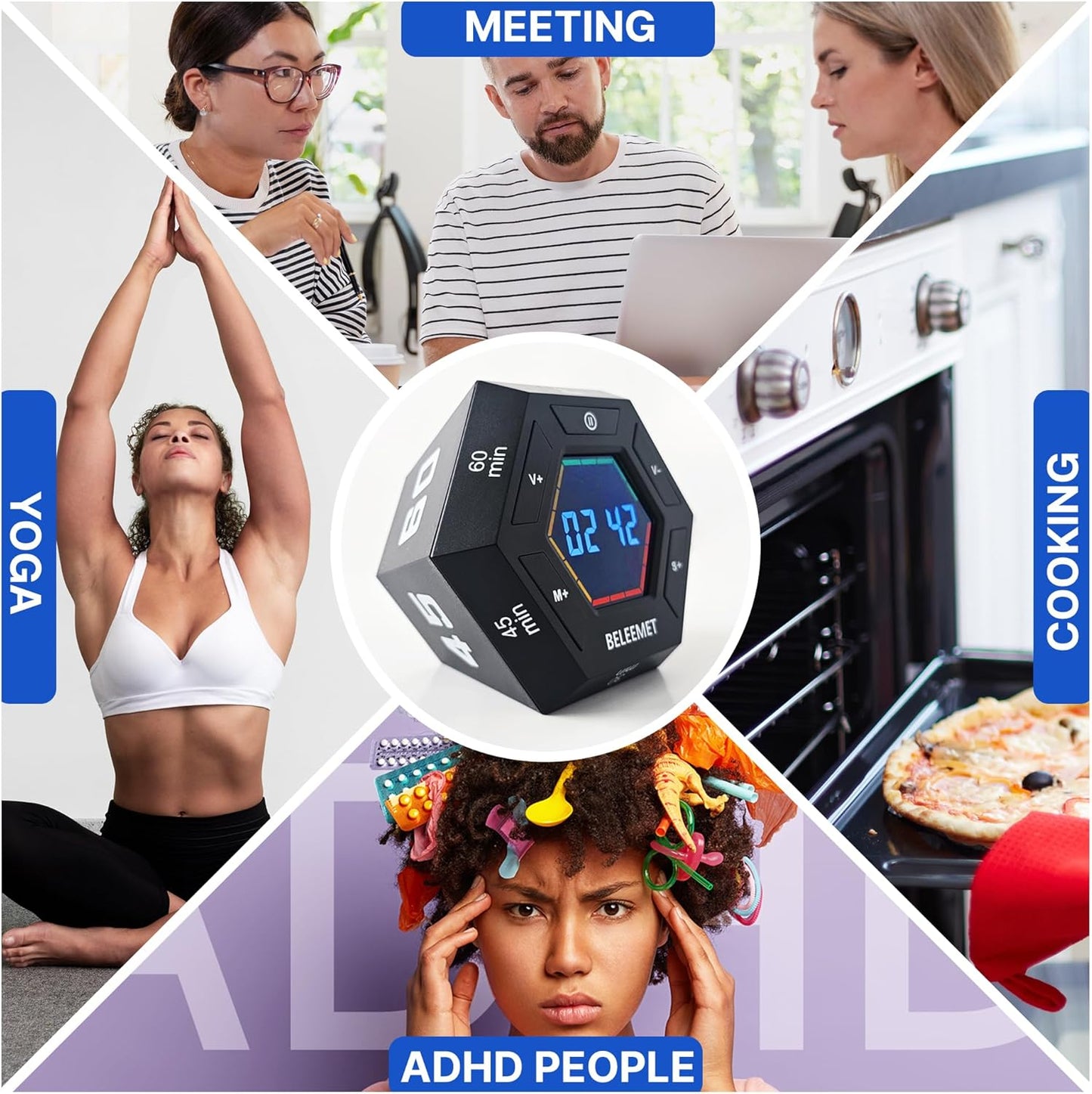 Pomodoro Timer,Hexagon Cube Magnetic Flip,ADHD Tools for Adults/Kids Task Timer for Office, Study, Exercise, Meditation,3/5/15/30/45/60min&Custom Digital Countdown, Adjustable Sound,Black