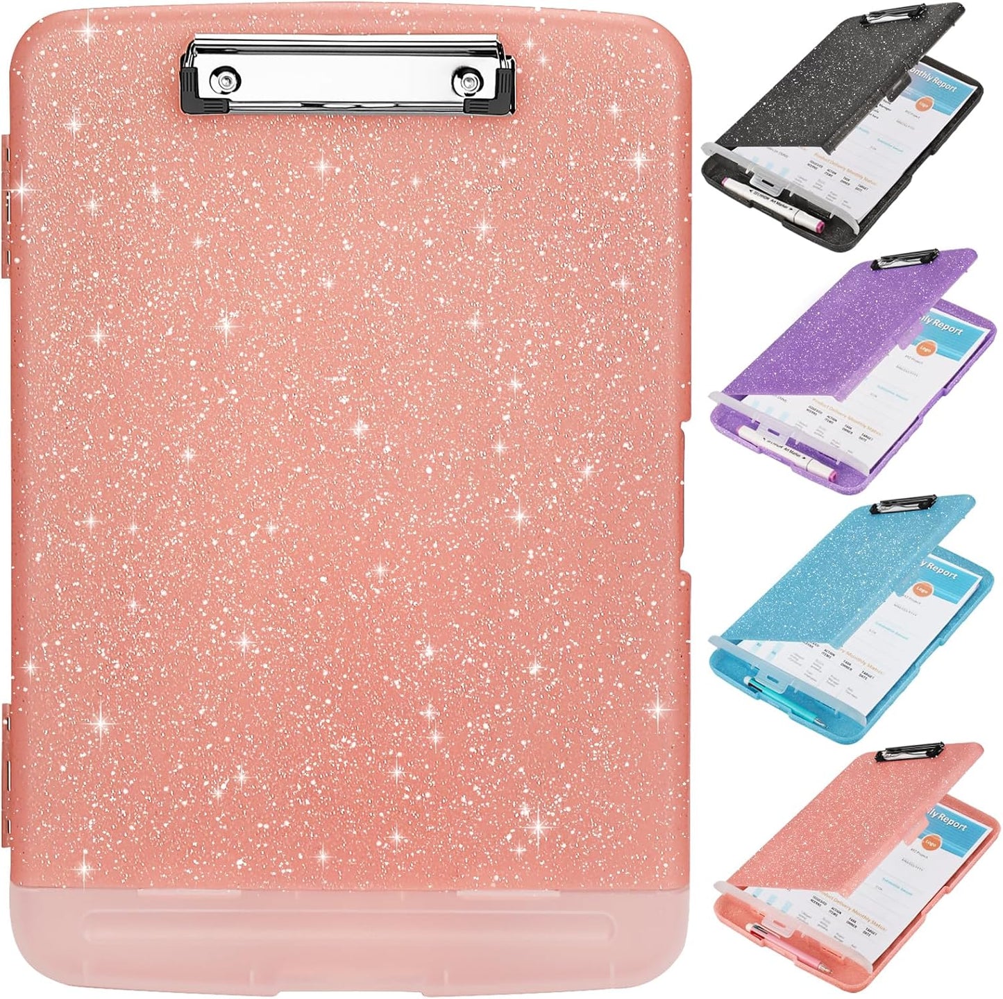 Glitter Clipboard with Storage,Storage Clipboard with Pen Holder,A4 Binder Clip Boards 8.5x11 with Low Profile Clip,Side Opening Sparkle Clipboards, Clipboards Folder for Office Supplies-Starry Black