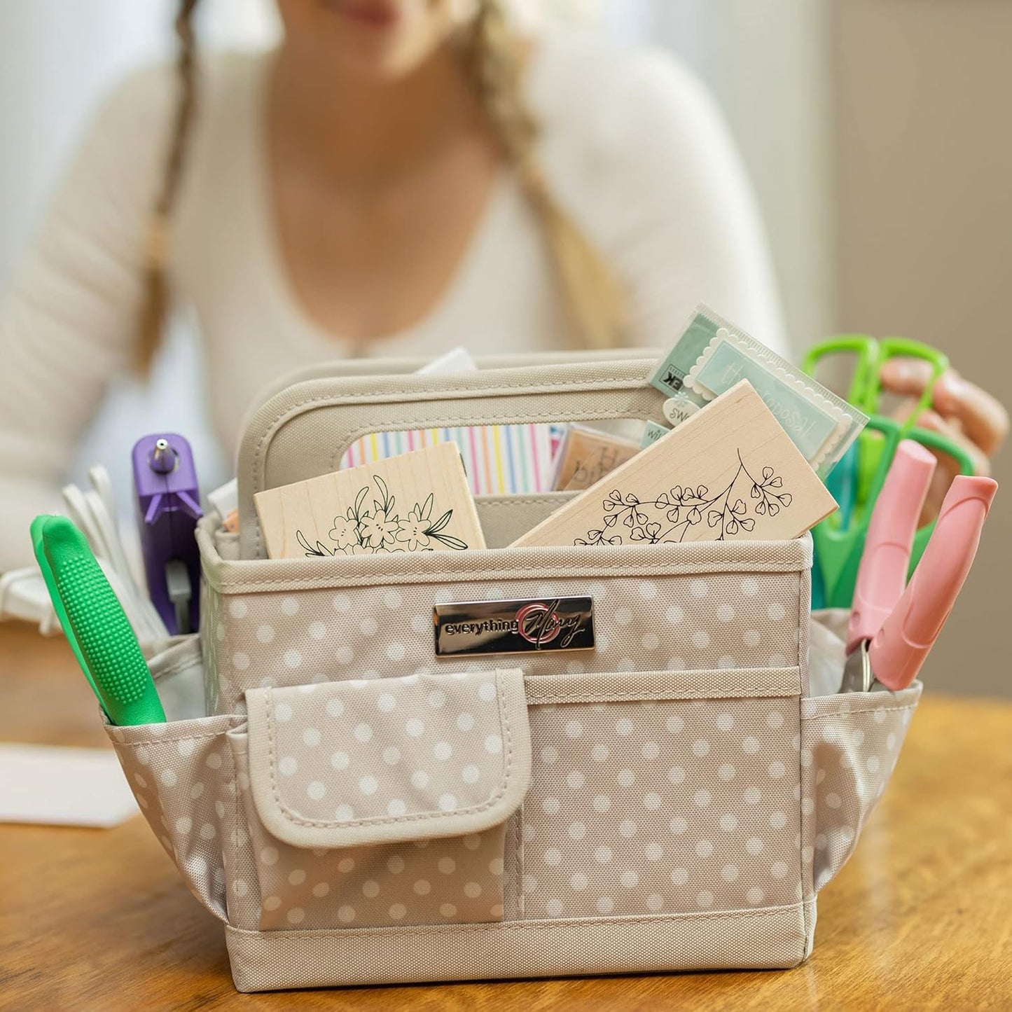 Everything Mary Craft Caddy, Tan Dot - Art Storage for Supplies & Crafts - Supply Organizers Tote for School Classroom, Office, and Home - Organization for Makeup & Nurses