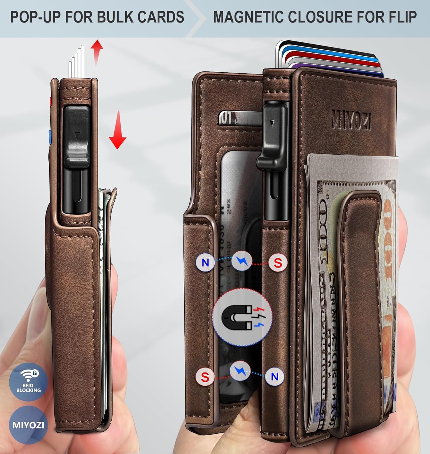 miyozi Airtag Wallet for Men,with Money Clip 10 Cards Metal Case Smart Slim Pop Up Credit Card Holder Flip with Magnetic Closure RFID Blocking wallet with Gift Box