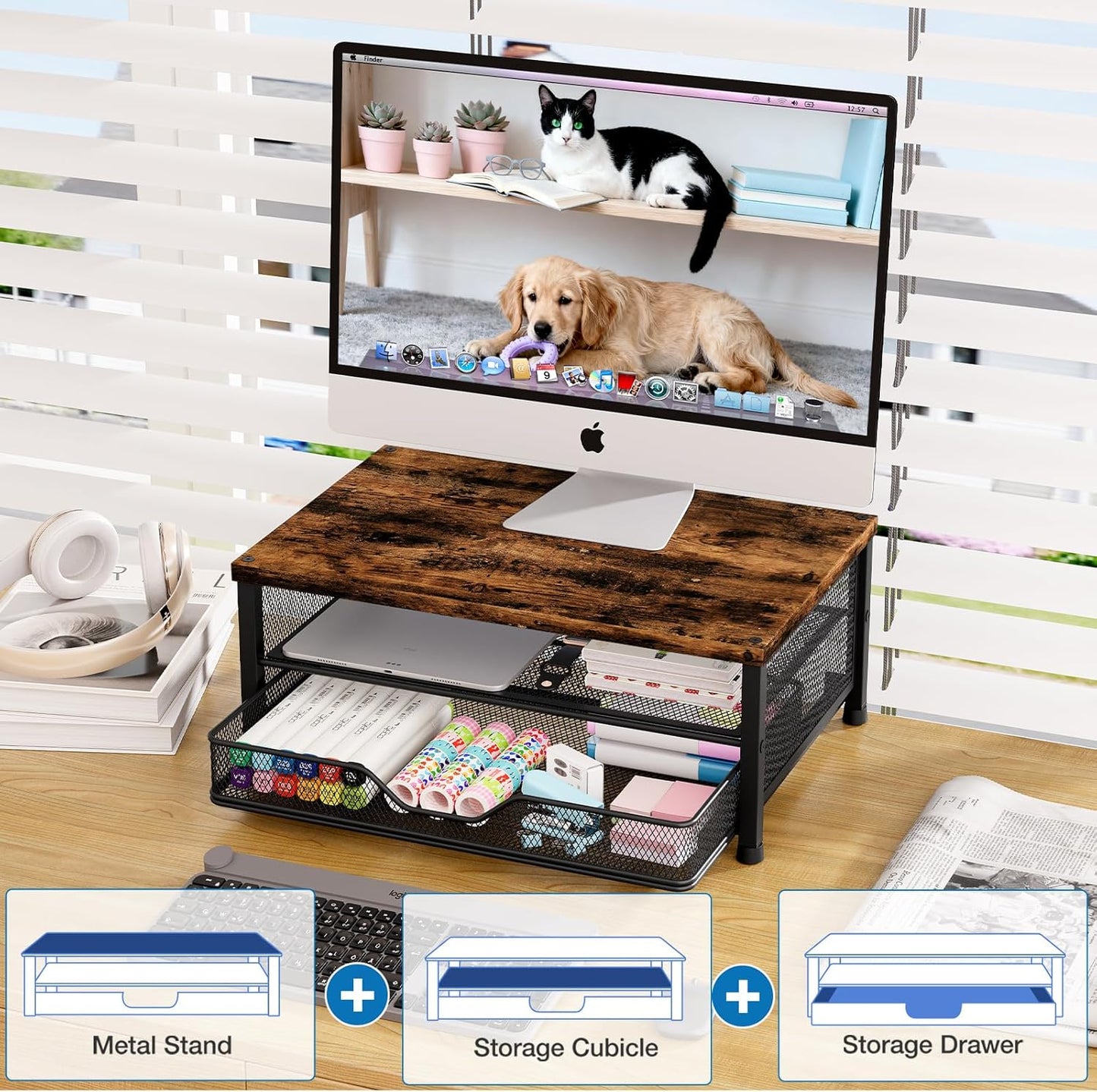 OPNICE Computer Monitor Stand Riser, Desk Organizer with Drawer, Printer & Laptop Stand, Office Desk Accessories & Workspace Desktop Organizers Storage for Office Supplies(Black)