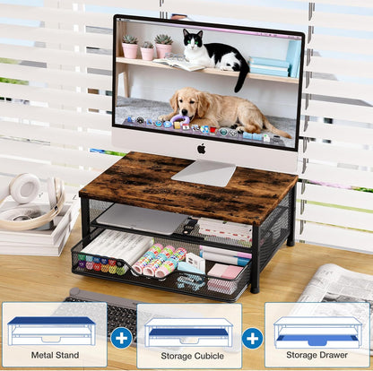 OPNICE Computer Monitor Stand Riser, Desk Organizer with Drawer, Printer & Laptop Stand, Office Desk Accessories & Workspace Desktop Organizers Storage for Office Supplies(Black)