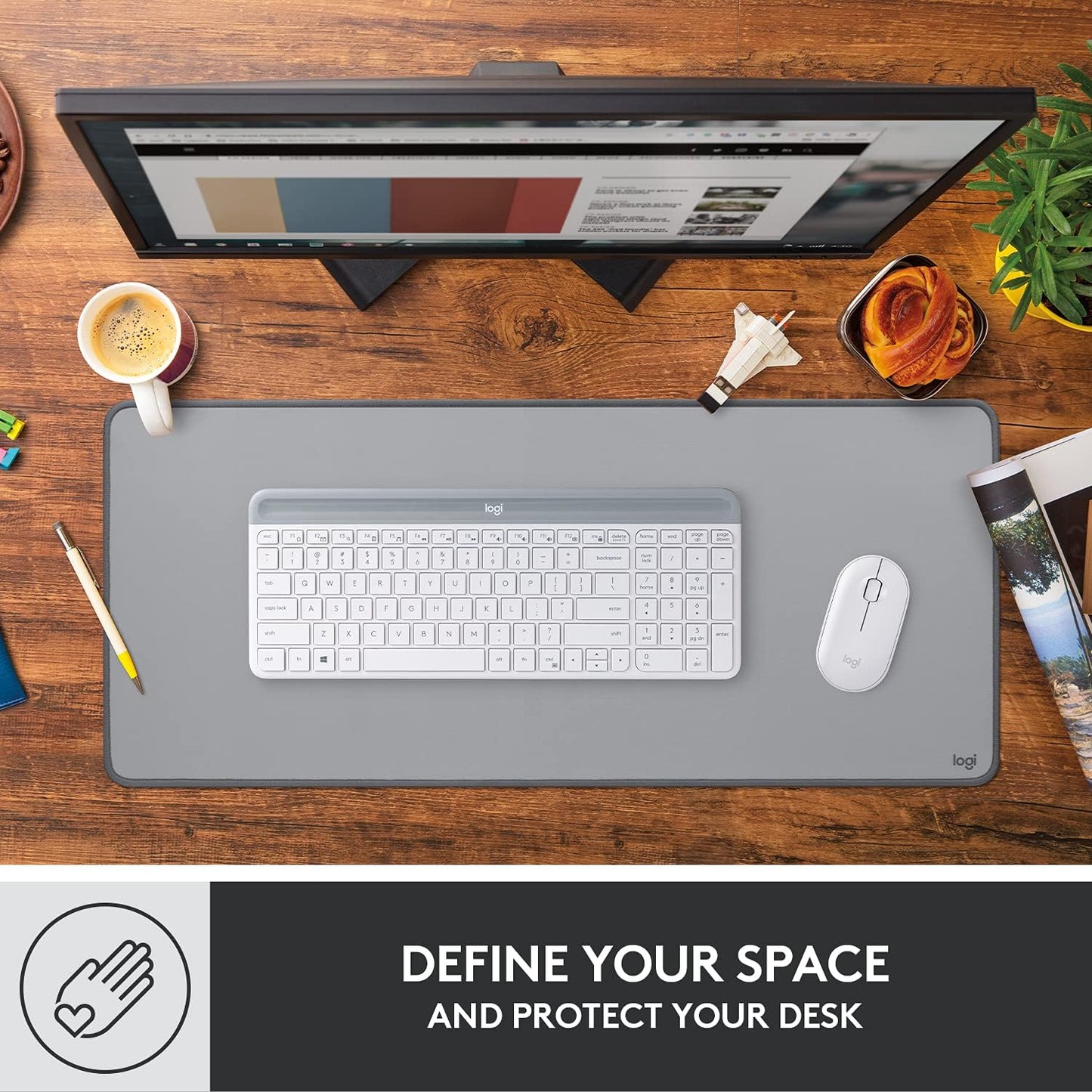 Logitech Desk Mat - Studio Series, Multifunctional Large Desk Pad, Extended Mouse Mat, Office Desk Protector with Anti-Slip Base, Spill-Resistant Durable Design, in Mid-Grey