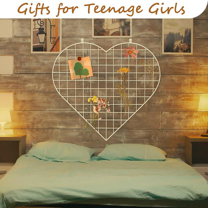 ECLENYES Grid Photo Wall Panels - 22.4"x20.4" Heart Shape Iron Rack Art Wire Board, Wall Grid Organizer, DIY Photo Frame for Home, Office, Kitchen, Bedroom, Christmas Gifts - Pink