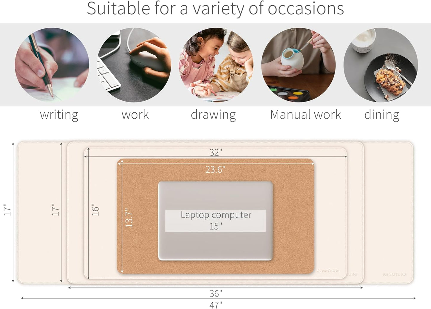 RENMTURE Dual-Sided Mouse Pad, Natural Cork & PU Leather Large Desk Pad for Office and Home Work, Desk Protector Non-Slip, Waterproof, Easy Clean (Olive Green, 32"x16")