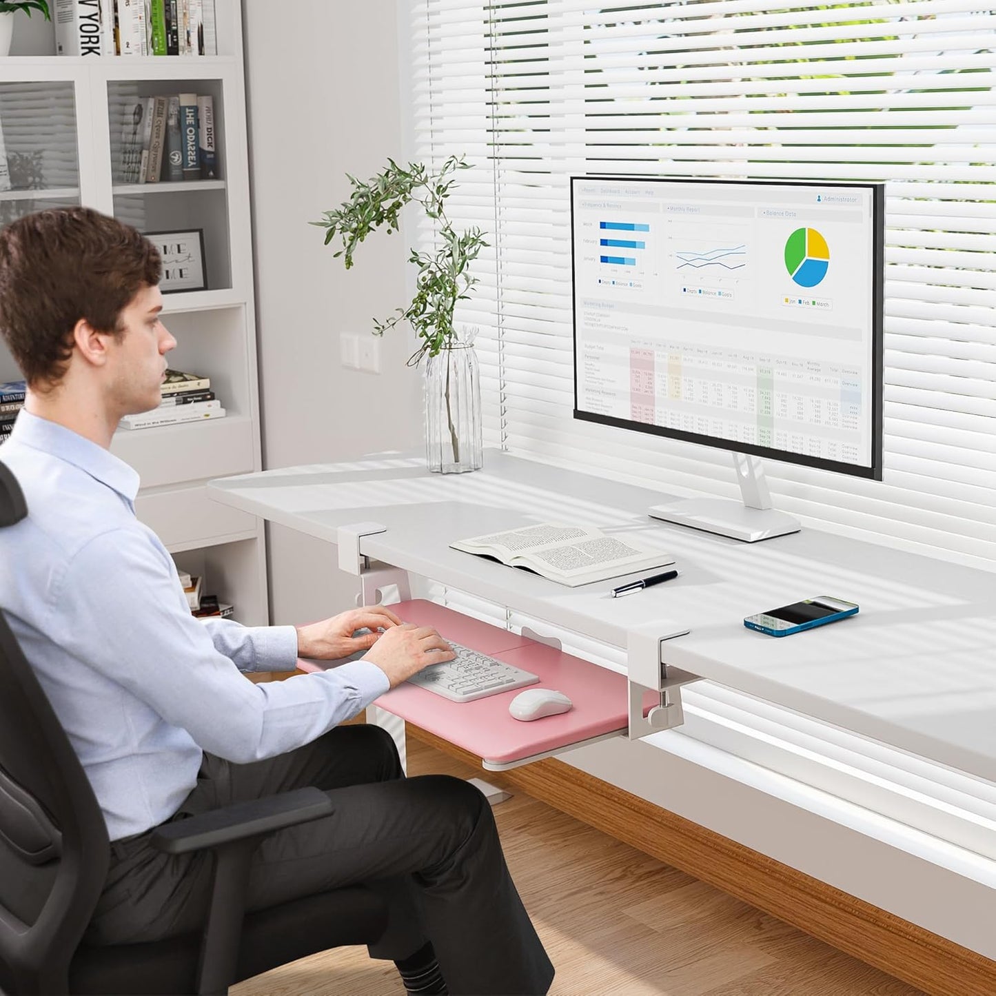 BONTEC KMT01 Under Desk Keyboard Tray, Pull-Out Keyboard & Mouse Platform with C-Clamp, 25.6 x 11.8 in Space-Saving Ergonomic Slide-Out Drawer, White