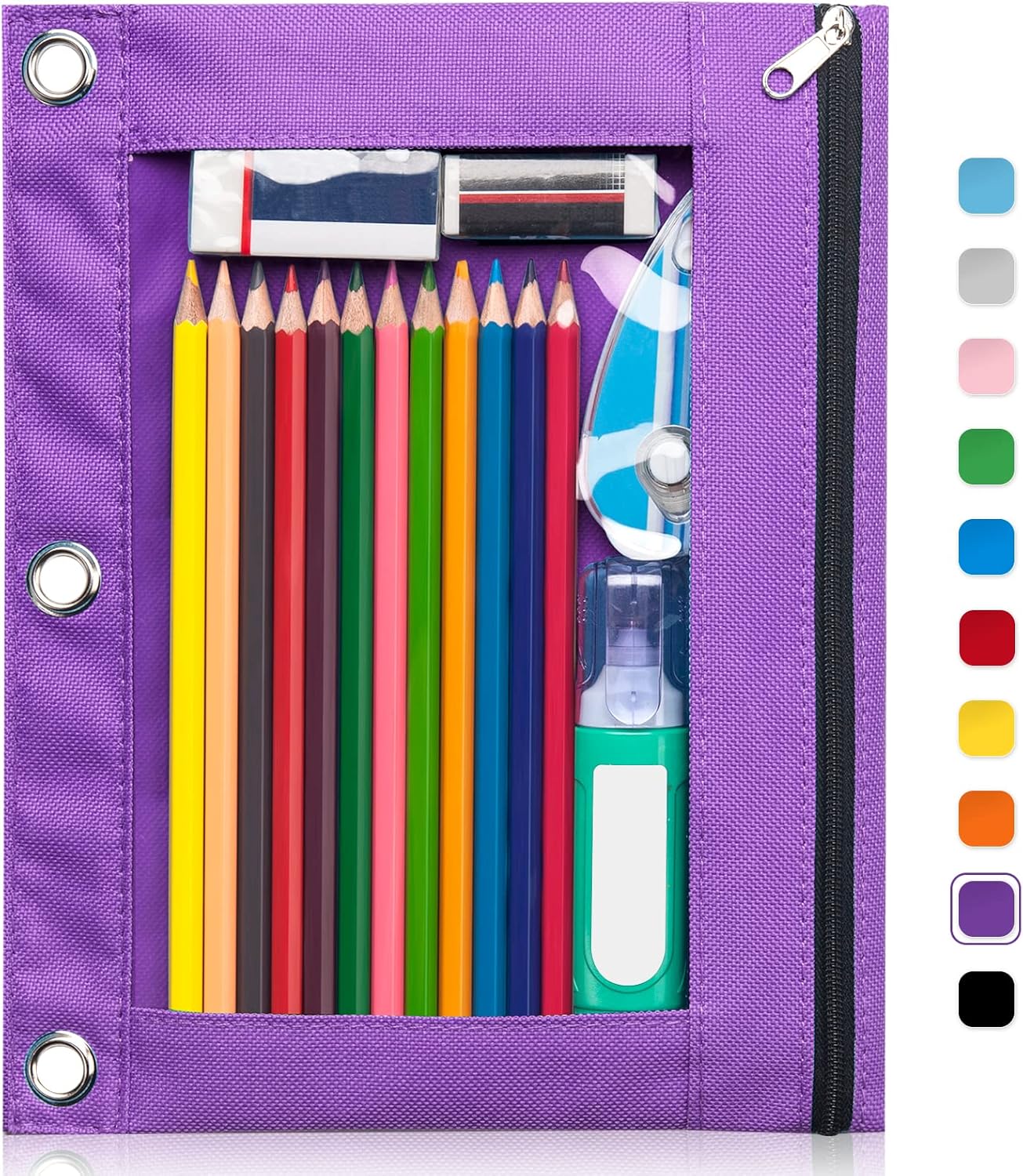 Forvencer Pencil Pouch for 3 Ring Binder, Large Pencil Case Pouch with 3 Reinforced Grommets, Pen Bag, Clear Window Pencil Case, Binder Accessories, Black