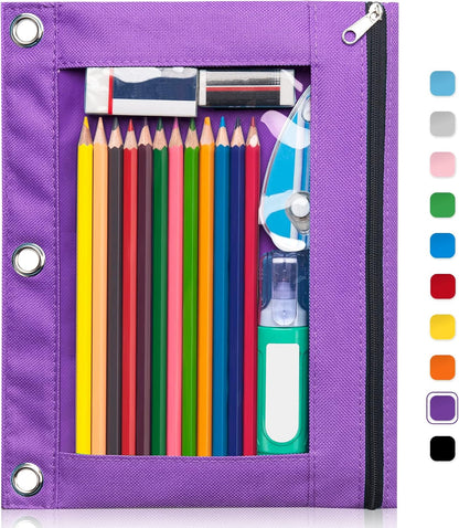 Forvencer Pencil Pouch for 3 Ring Binder, Large Pencil Case Pouch with 3 Reinforced Grommets, Pen Bag, Clear Window Pencil Case, Binder Accessories, Black