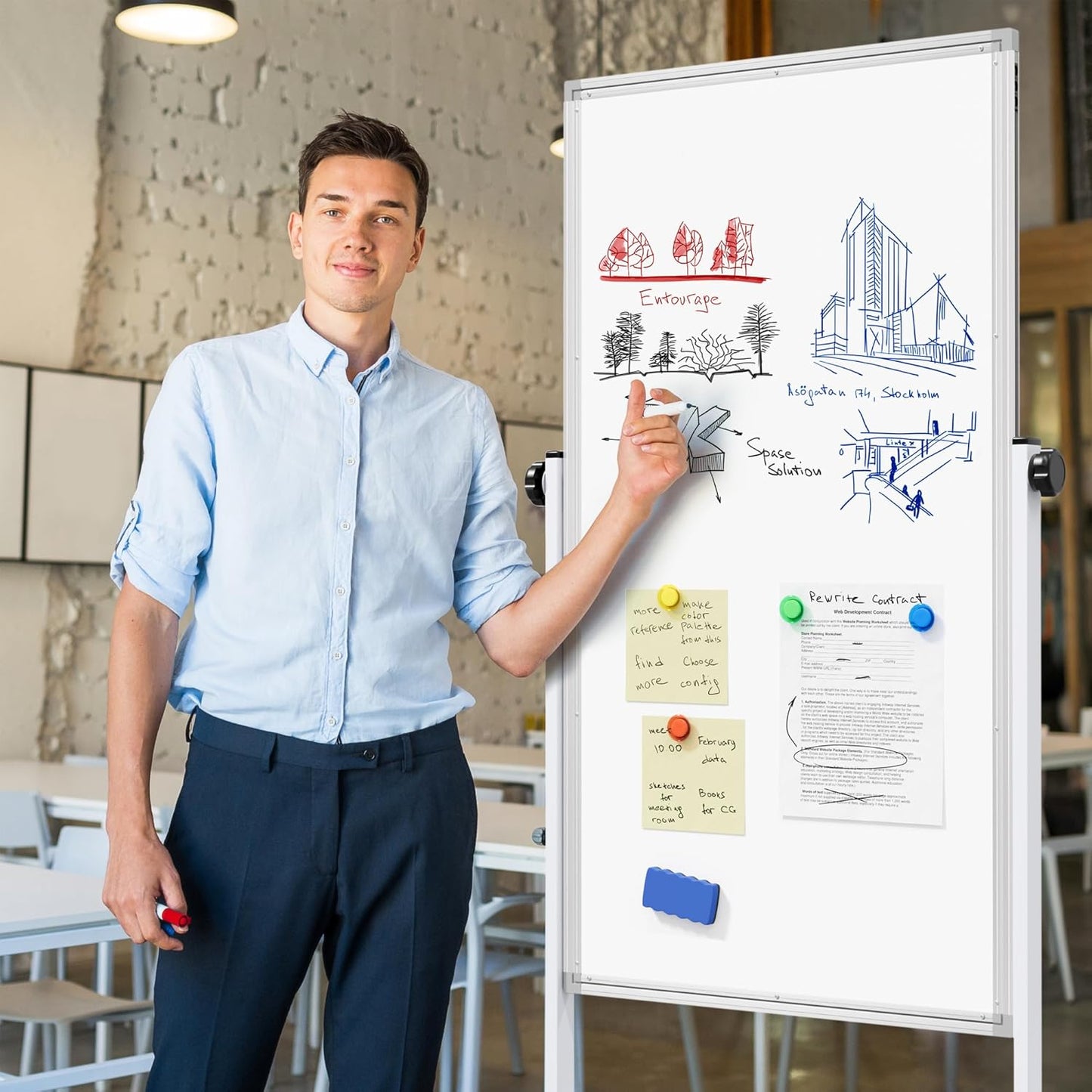 Large Whiteboard Easel with Stand, 36" x 24" Portable Standing Magnetic Dry Erase White Board, 3' x 2' Tripod Height Adjustable Flip Chart Easel for Home Office Classroom School, Silver
