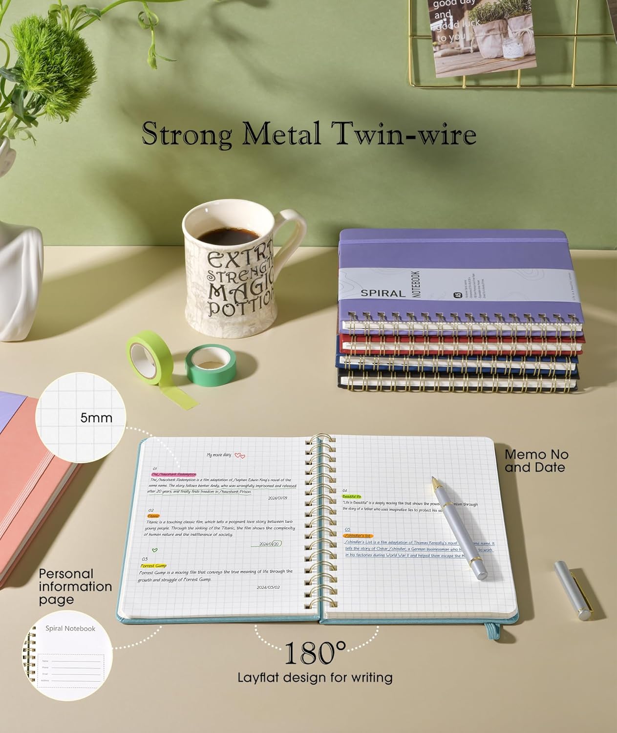 Graph Spiral Journal Notebook, A5 Hardcover Spiral Journals for Women Men, 100 GSM Graph Paper Notebooks, 150 Pages Spiral Bound Grid Notebook for Writing Note Taking Work 5.75" x 8.38" Olive Green