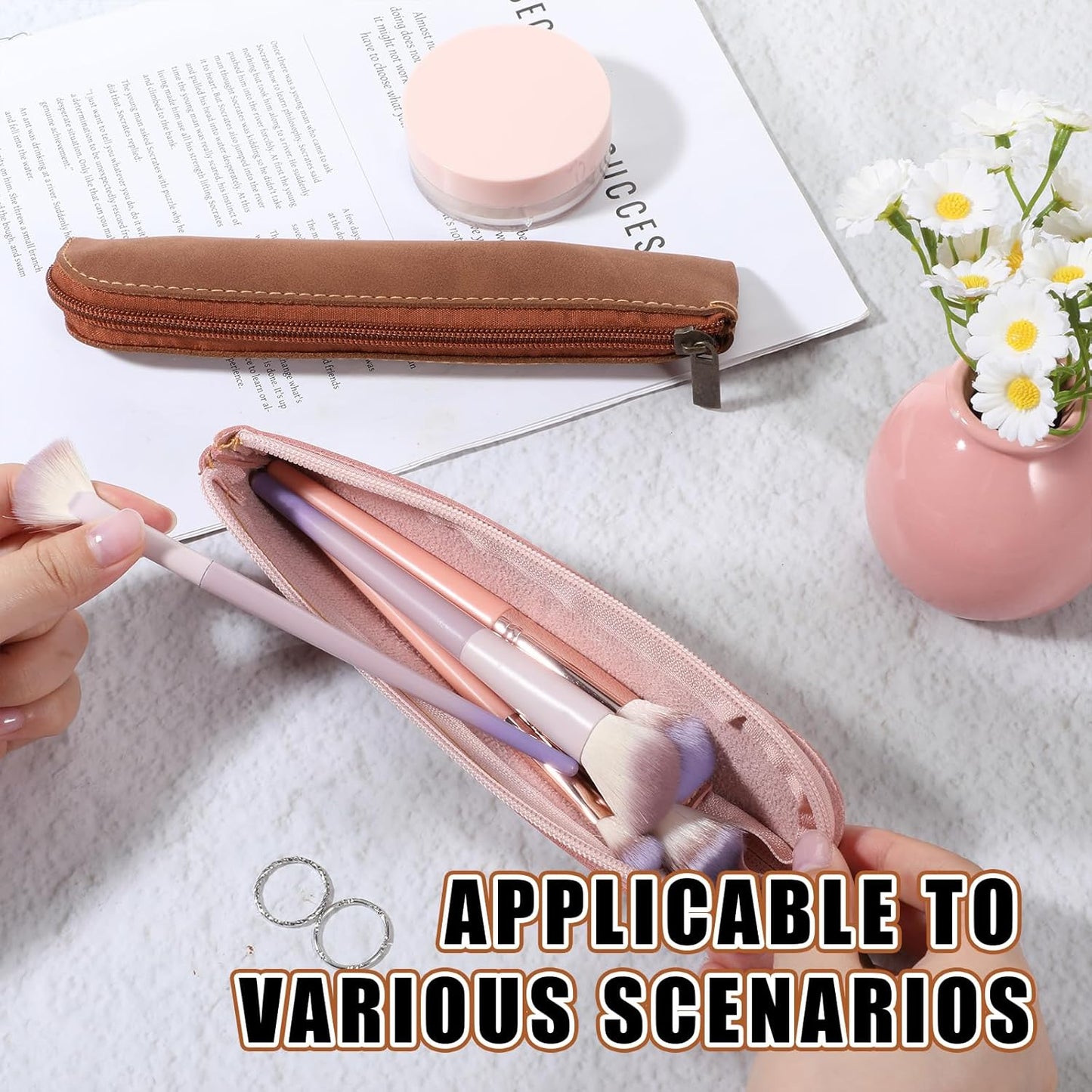Psyqtsuary Leather Pencil Case, 2 Pcs Slim Small Pencil Pouch Portable Flat Pen Pouch with Zipper Simple Makeup Bag Lipstick Case for Women Men Home, Office, Travel Outdoor (Black, Claret)