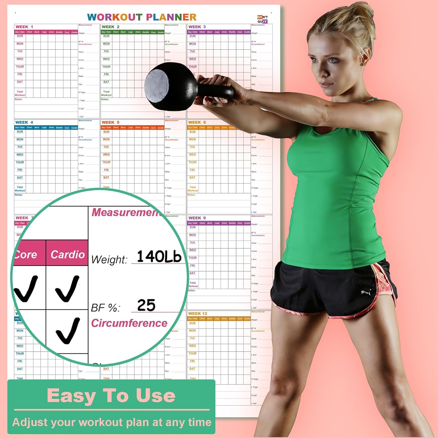 Large Dry Erase Workout Calendar For Wall, 24 X 36 Inch Reusable 12 Week Weight Loss Tracker Chart, Lightweight Gym Whiteboard Poster For Tracking Exercise, Body's Measurement & Circumference