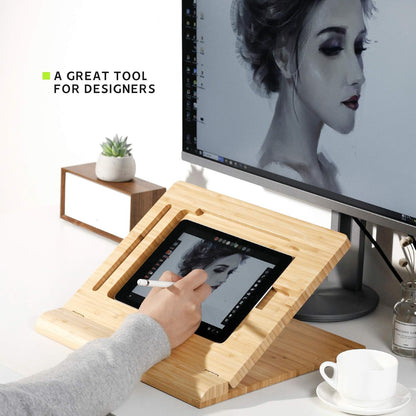 ELETIUO Tablet Stand Holder Adjustable Foldable,Multi-Angle Bamboo Wooden Organizer Desktop Holder for iPad,Stable for Drawing,Watching,Typing (Support Multiple Devices)