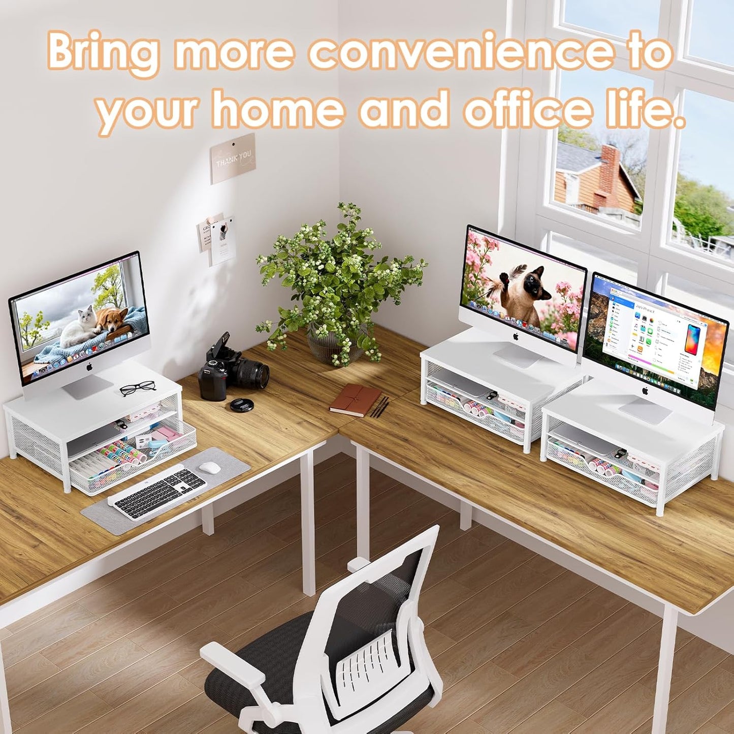 OPNICE Computer Monitor Stand Riser, Desk Organizer with Drawer, Printer & Laptop Stand, Office Desk Accessories & Workspace Desktop Organizers Storage for Office Supplies(Black)