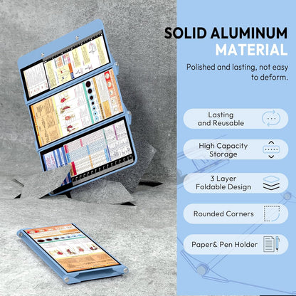Nursing Clipboard Foldable, Foldable Clipboard w/Nursing Edition Cheat Charts,3 Layers Aluminum, Nurse Clip Board w/Low Profile Clip&Pen Clip Pocket for Nurses and Doctors,Light Blue