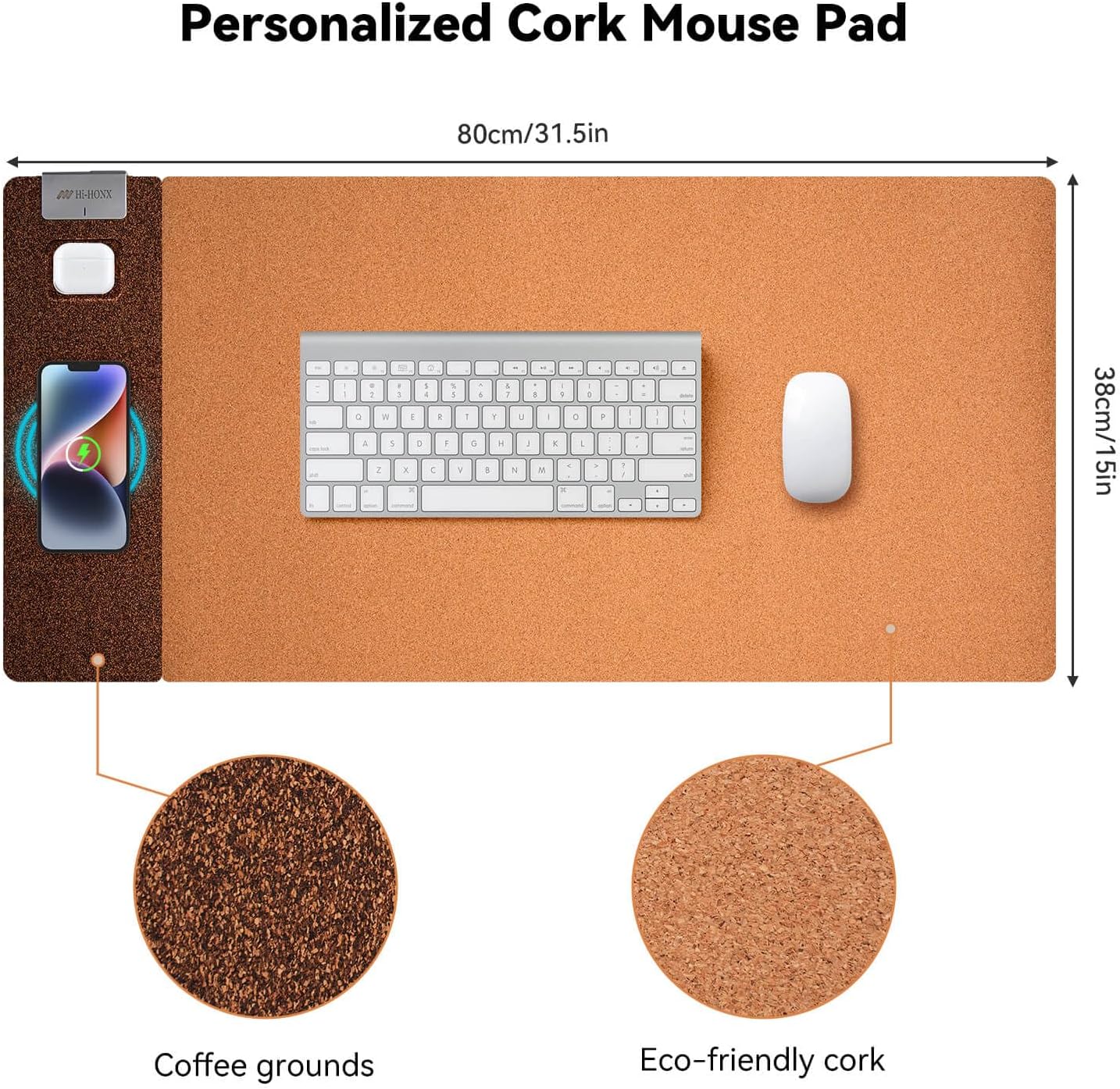 3-in-1 Eco Cork Wireless Charging Mouse Pad, Dual-Sided Fast Charge Mouse Mat, Extra Large Waterproof Office & Makeup Desk Protector, Qi-Certified Desk Pad for iPhone/Samsung/AirPods