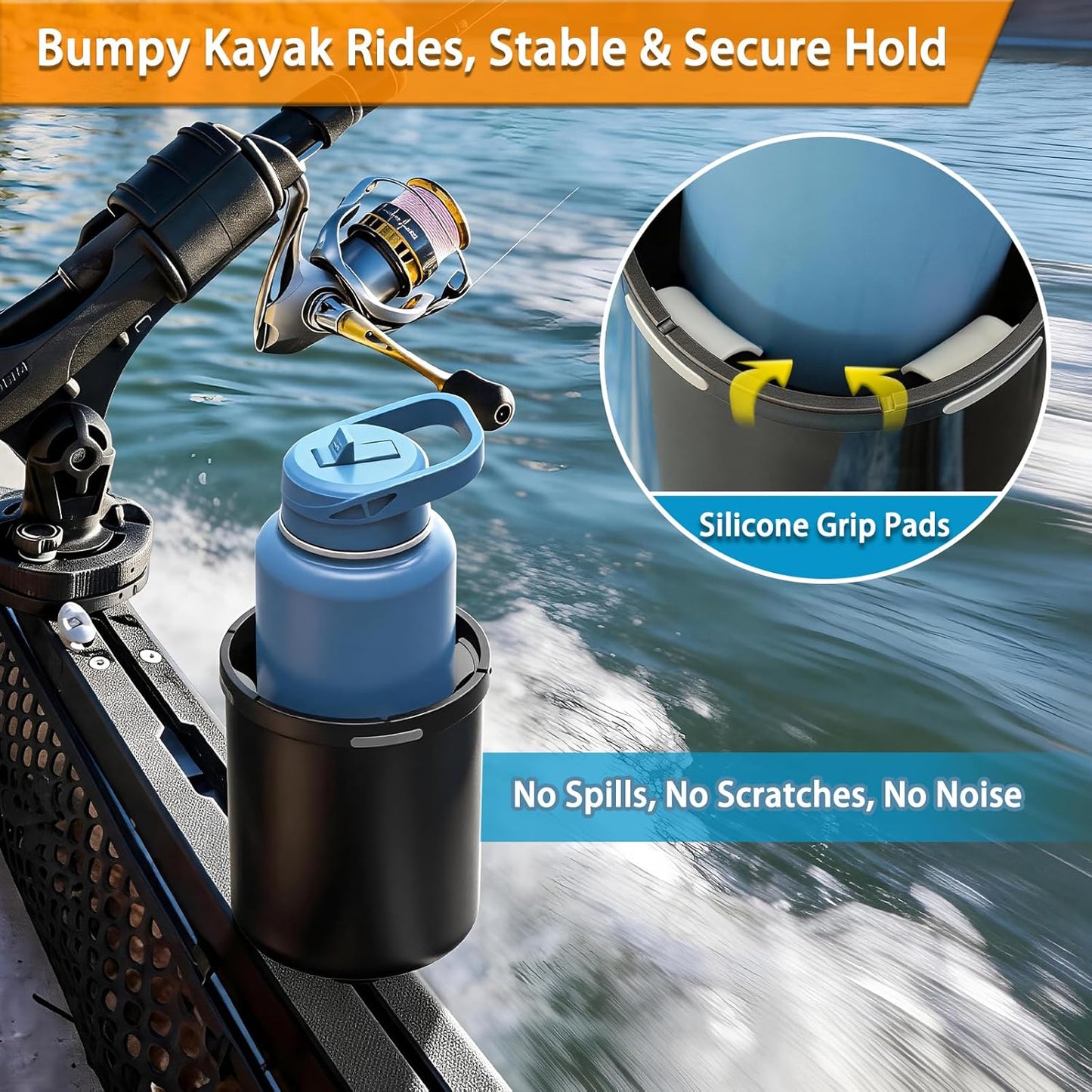 Upgraded Kayak Cup Holder with Track & Clamp Mount, 360° Adjustable Cup Holder Fits 12oz-40oz Tumblers, 2-in-1 Cup & Storage Bin for Kayak Fishing, Tree Stand Hunting, Fits Round & Square Rods