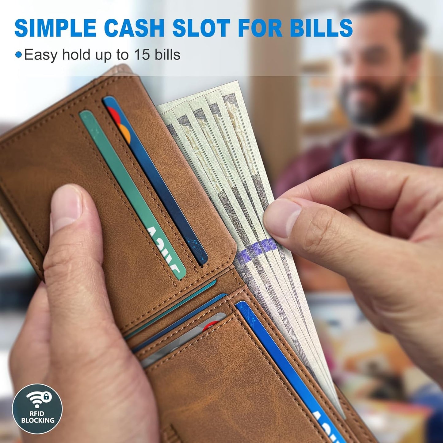 miyozi AirTag Wallet for Men, Slim Leather Bifold with Holder Slot, 2 ID Windows & 13 Card Slots, RFID Blocking Front Pocket Wallet with Gift Box