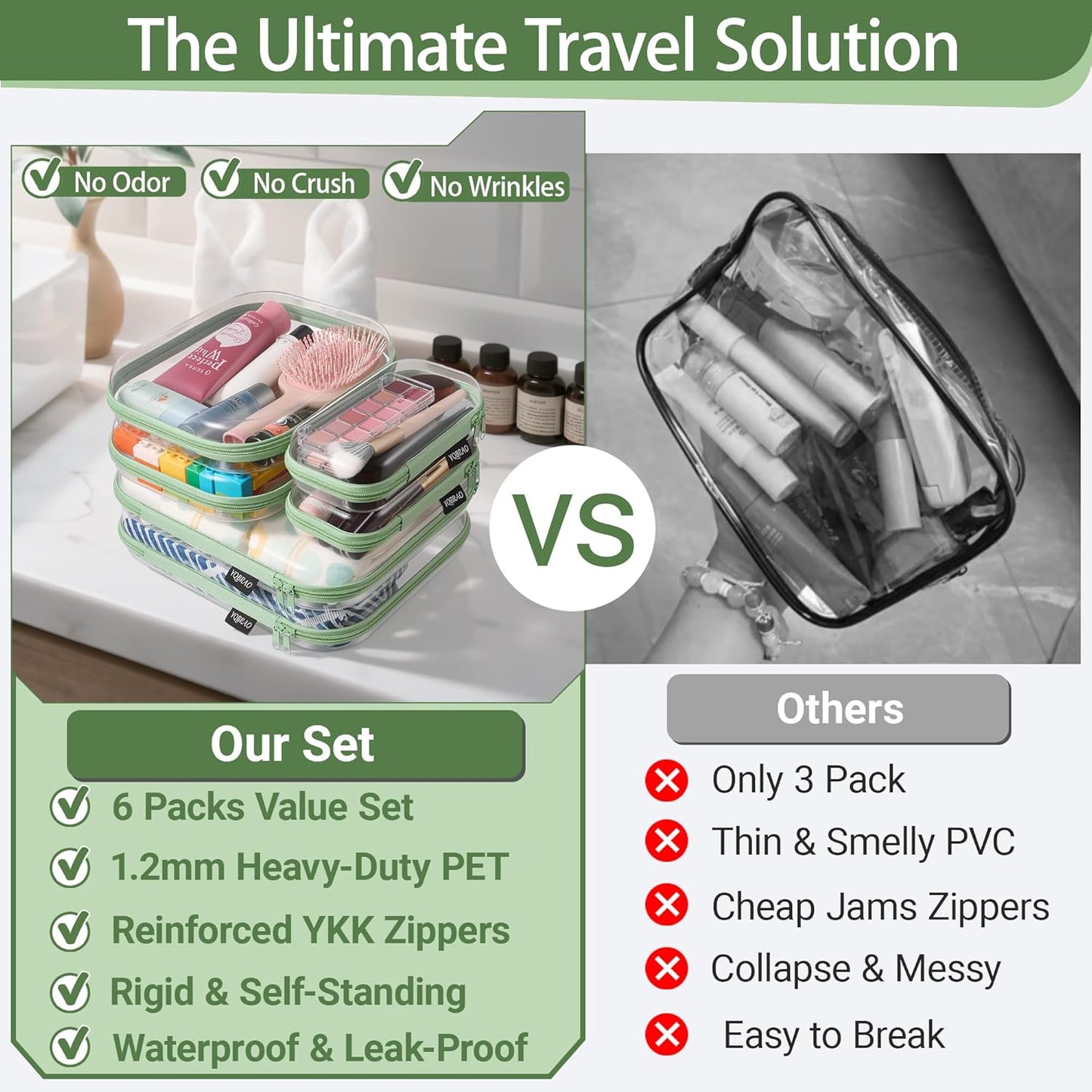YQBRAO 6 Pack Clear Hard Shell Zipper Case, 1.2mm Heavy Duty Crush-Proof Diaper Bag Organizer Pouches, TSA Approved Travel Makeup Bag for Toiletries & Electronics, (2L, 2M, 2S) Multi-Size Storage Set