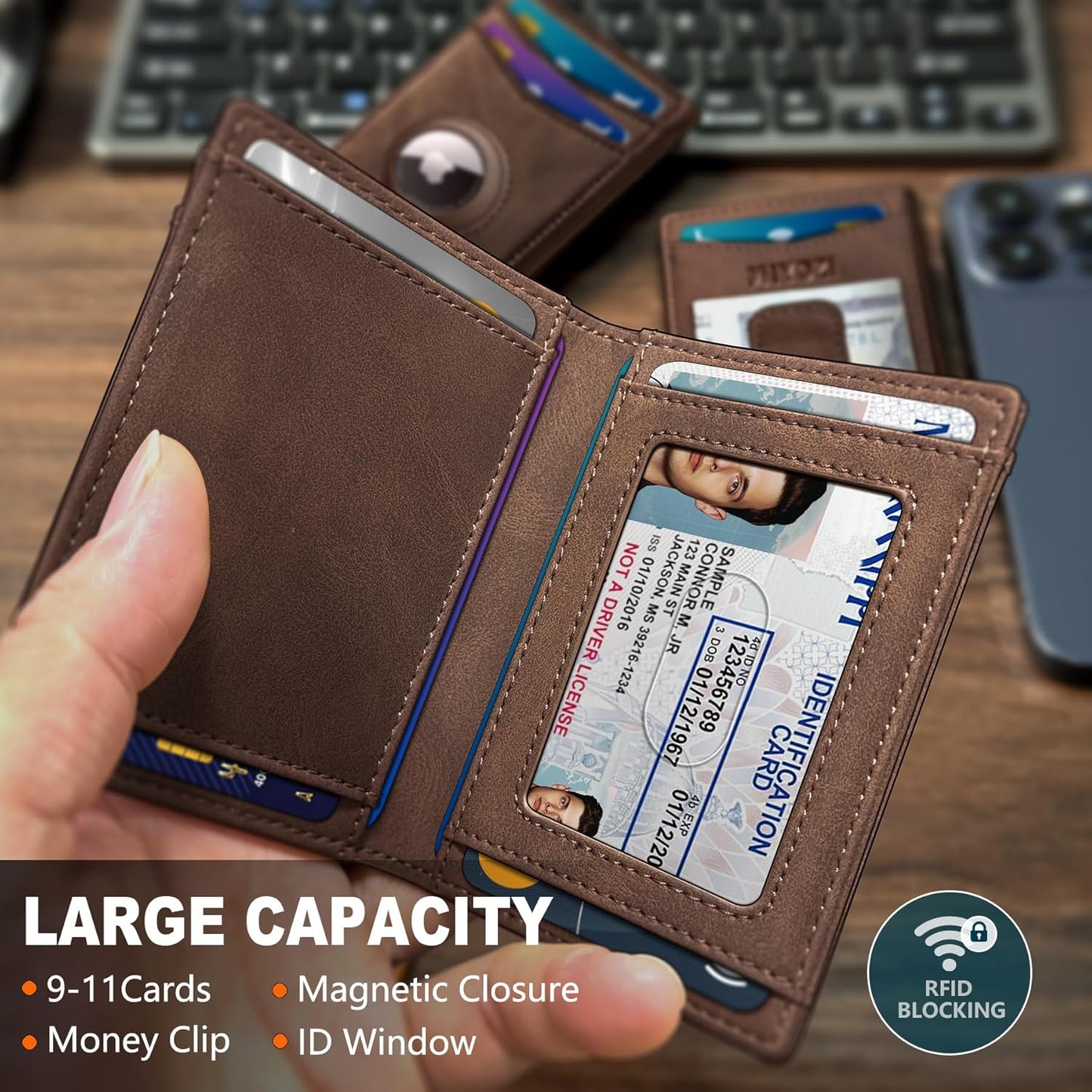 miyozi Airtag Wallet for Men- with Money Clip Gift Boxed, Magnetic Closure Slim Genuine Leather Front Pocket Wallet, 4.1"x 2.8", RFID Blocking