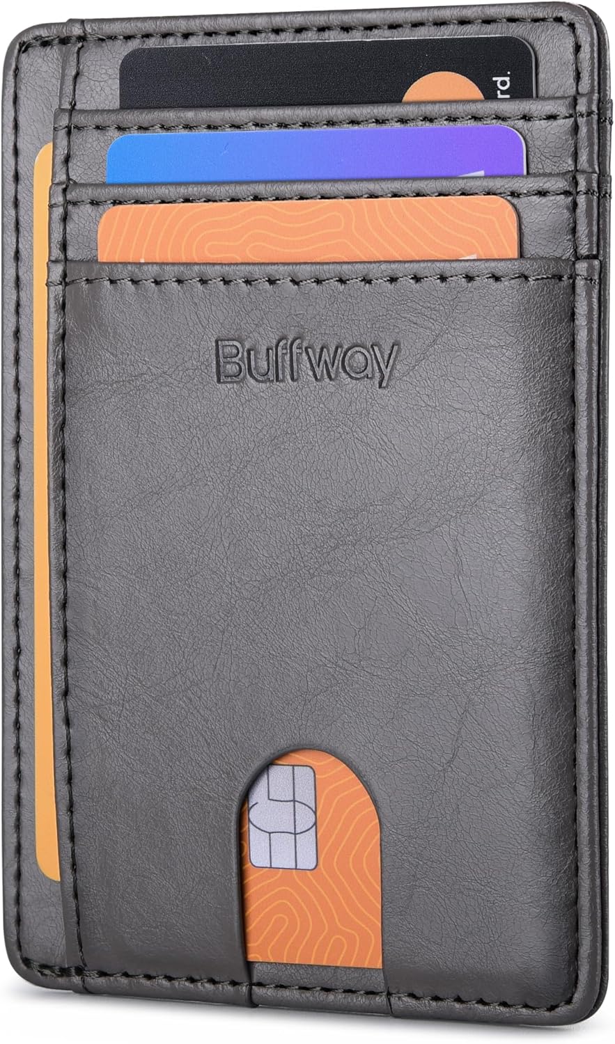 Buffway Slim Minimalist Front Pocket RFID Blocking Leather Wallets for Men and Women - Carbon Fiber Black - Colors B