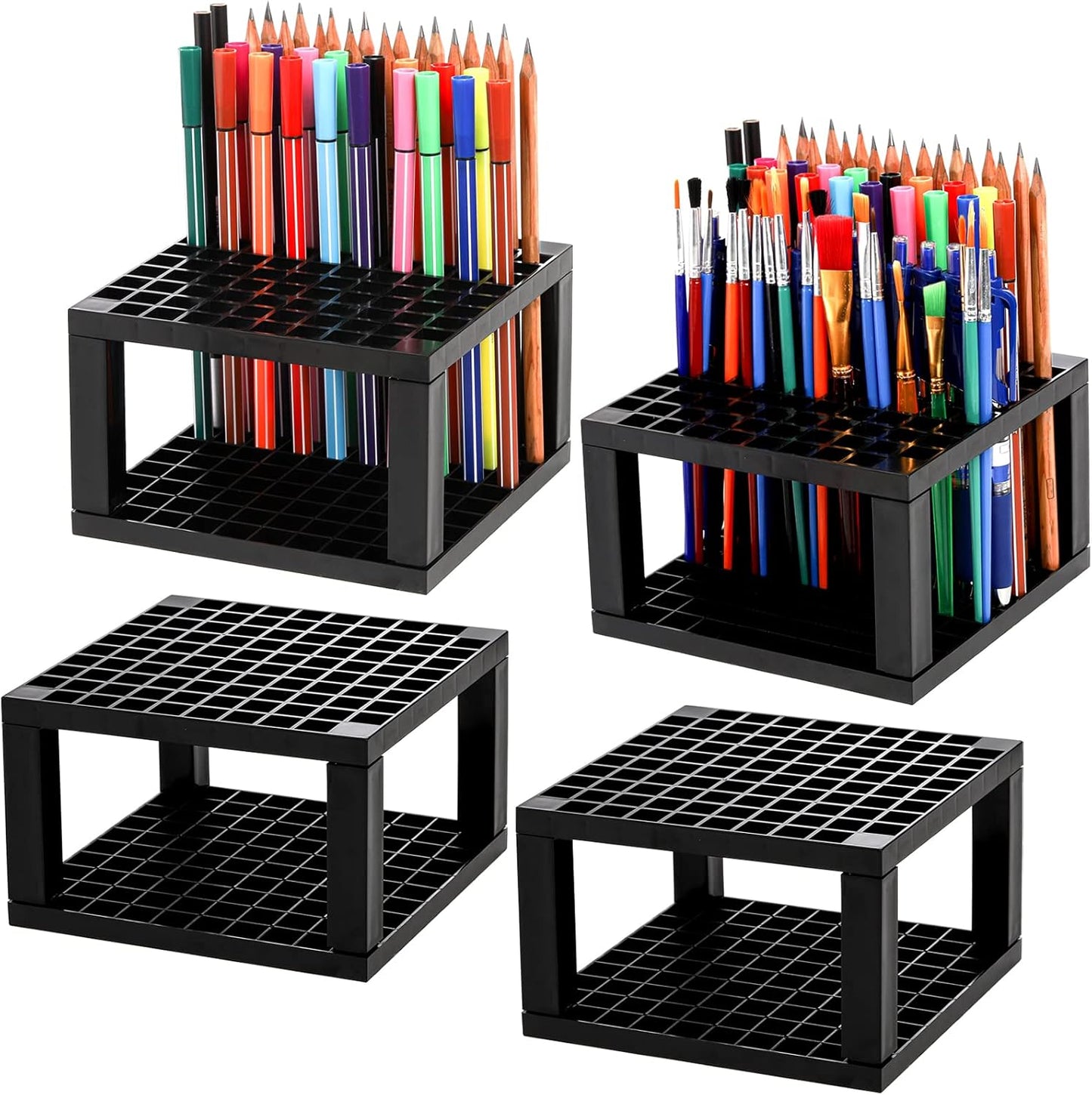 Foraineam 4-Pack 96 Holes Pencil & Brush Holder - Plastic Desk Organizer Stand Holder for Pencils, Pens, Paint Brushes, Modeling Tools, Office & Art Supplies
