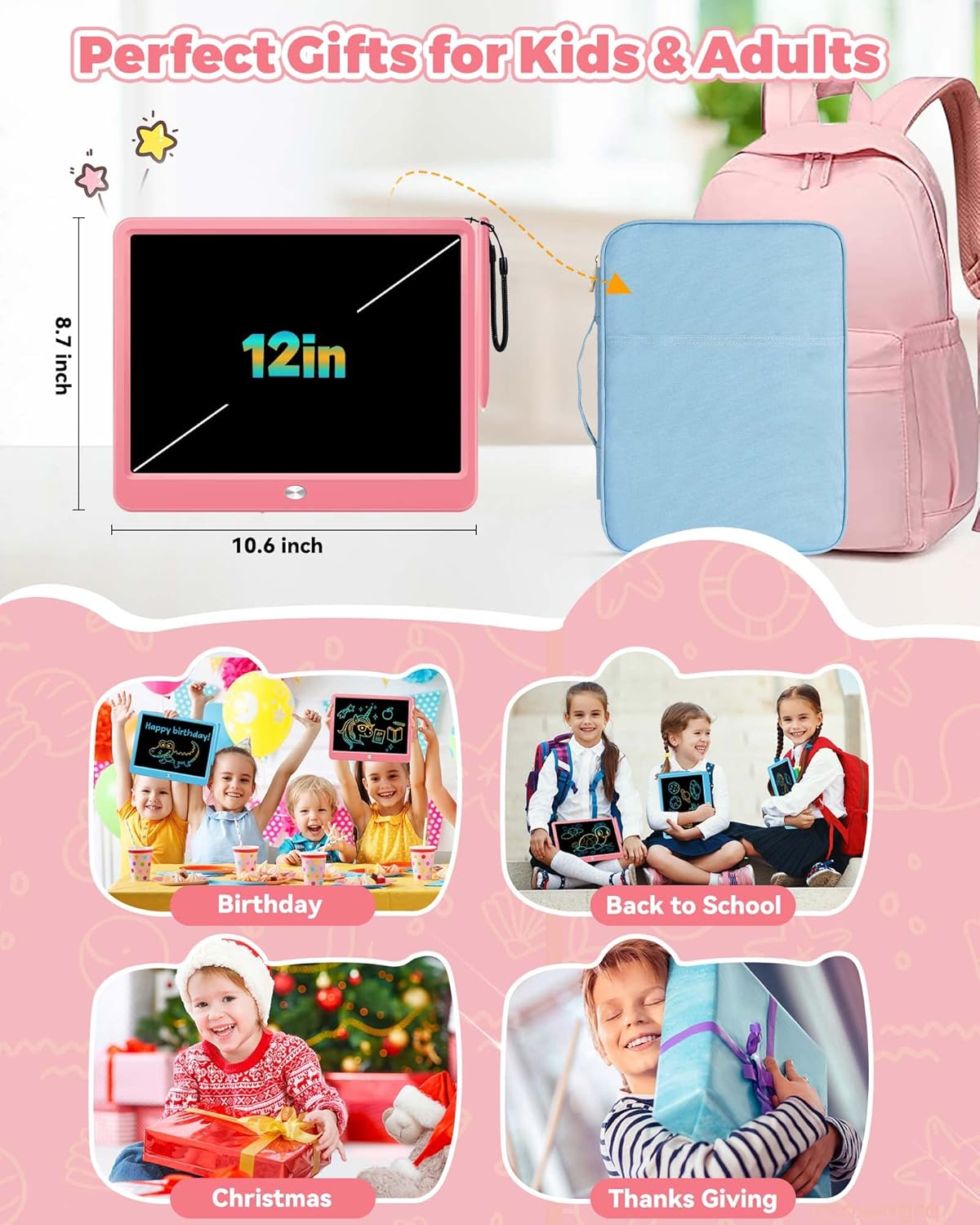 KOKODI 12 Inch LCD Writing Tablet with Anti-Lost Stylus, Erasable Doodle Board Colorful Toddler Drawing Pad, Car Travel School Games Toys for 3 4 5 6 7 8 Kids, Birthday Gift for Girls Boys Adults Blue