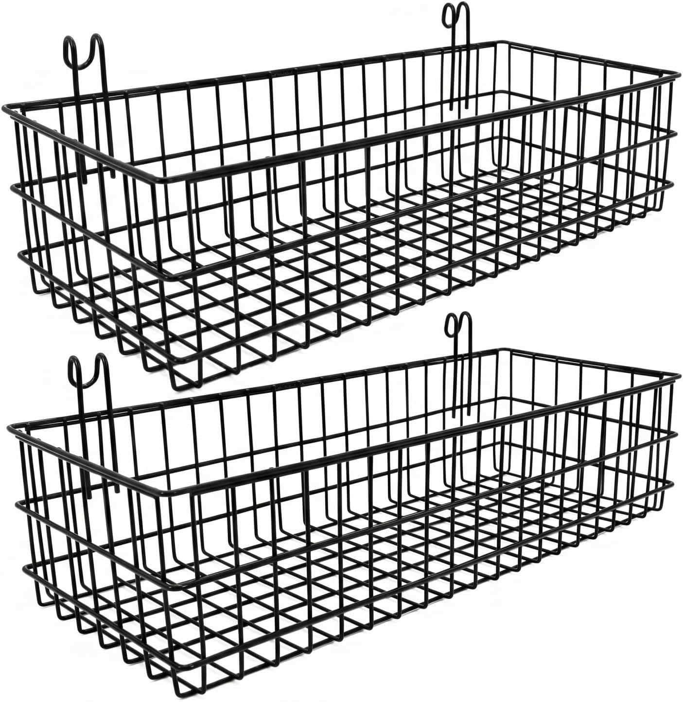 ANZOME 2 Pack 15.7 Inch Extra-Wide Hanging Wall Baskets, Sturdy Black Metal Wire Storage Basket, Fits Grid Panels with 1-2 Inch Spacing (Panel Not Included), Garage Craft Kitchen Pantry Wall Organizer