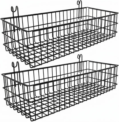 ANZOME 2 Pack 15.7 Inch Extra-Wide Hanging Wall Baskets, Sturdy Black Metal Wire Storage Basket, Fits Grid Panels with 1-2 Inch Spacing (Panel Not Included), Garage Craft Kitchen Pantry Wall Organizer