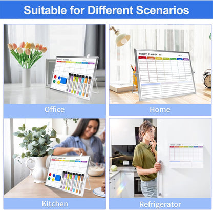 3 in 1 Colorful Magnetic Dry Erase Weekly Planner&Monthly Calendar& 16"x12" Double Sided Magnetic Desktop Whiteboard with Stand,8 Markers, 4 Magnets, 1 Eraser for Office,School,Home