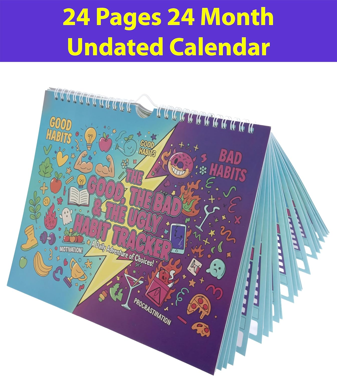 Habit Tracker 24 Month Undated Calendar, Funny Bad Habits Design, 8''x10'' Large Monthly Planner, Two Year Goal Tracking Calendar for Productivity, Self Improvement & Routine Building