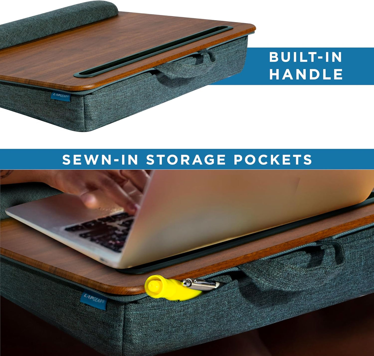 LAPGEAR Portable Laptop Lap Desk with Pillow Cushion, Anti-Slip Strip, Tablet or Phone Storage Slot, Pen and Pencil Pocket, and Wrist Rest - Espresso Woodgrain - Fits 15.6" Laptops - Style No. 91342