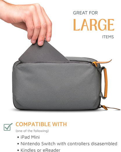 Tech Bag Organizer - Small Electronics Organizer Pouch for Travel - Premium Travel Case with Leather Accents - Mesh Pocket for Cables, Cords and Chargers (Black)