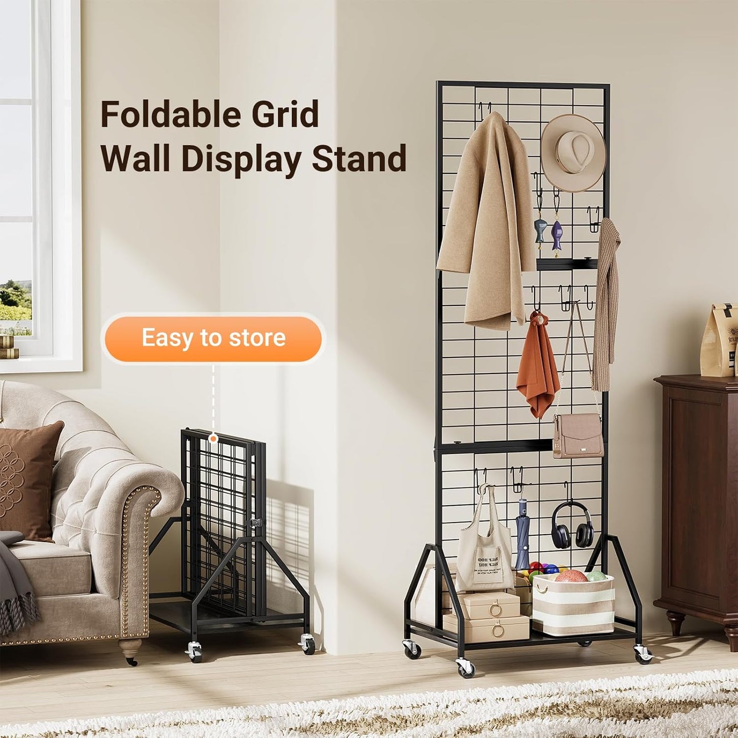 ELYKEN Foldable Grid Wall Panels 5.7' x 2' FT, Movable Wire Gridwall Display Rack with Wheels and Adjustable Foots, Retail Display Stand for Vendor with Storage (Rustic Brown)