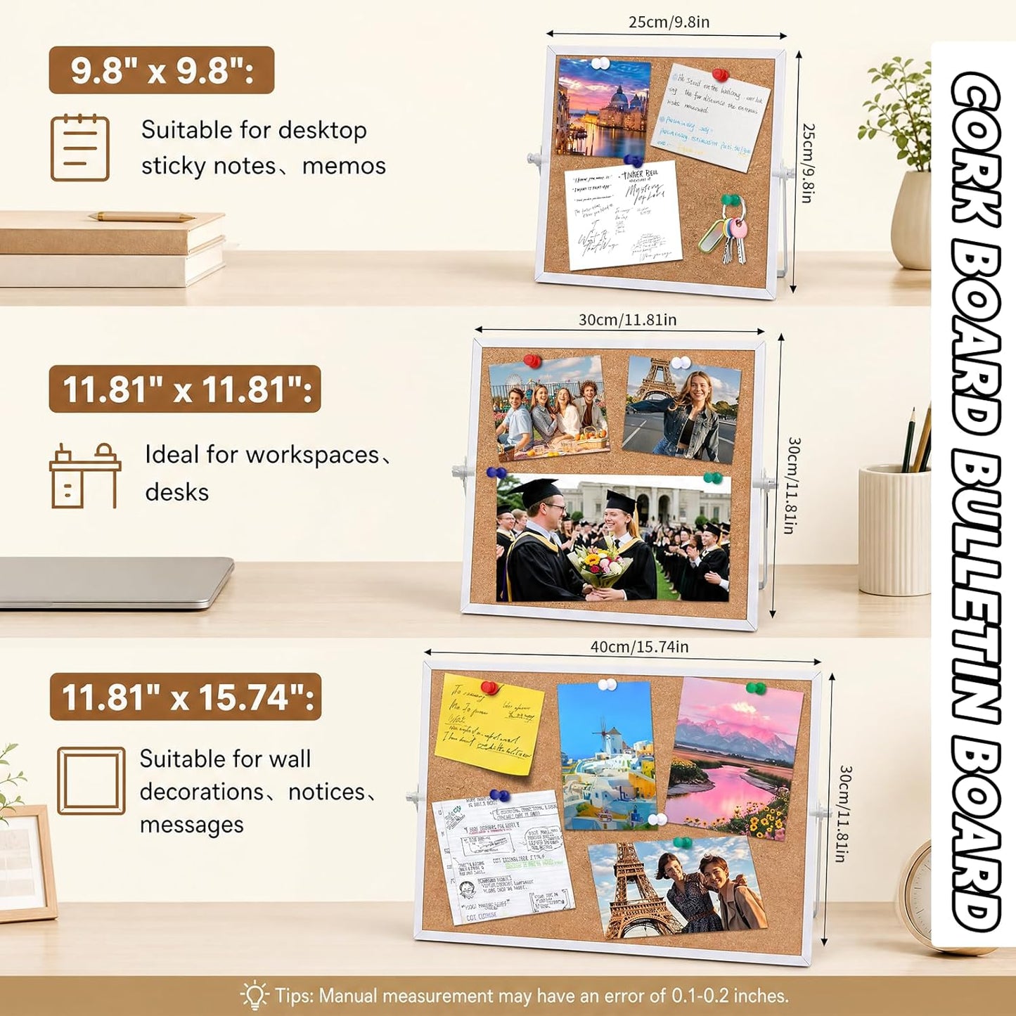 9.8"×9.8" Cork Board Bulletin Board, Double Sided Pin Board with Silver Aluminum Border, Desktop Small Cork Board with Stand Suitable for Home, Office, Desk Message Board or Picture Board