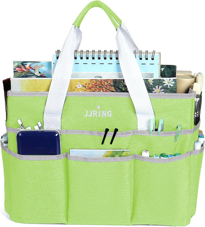 JJRING Craft Organizer Tote Bag for Art Storage, Caddy with Multiple Pockets, Bluish Green Sewing Bag for Scrapbooking, School, Medical, and Office Supplies
