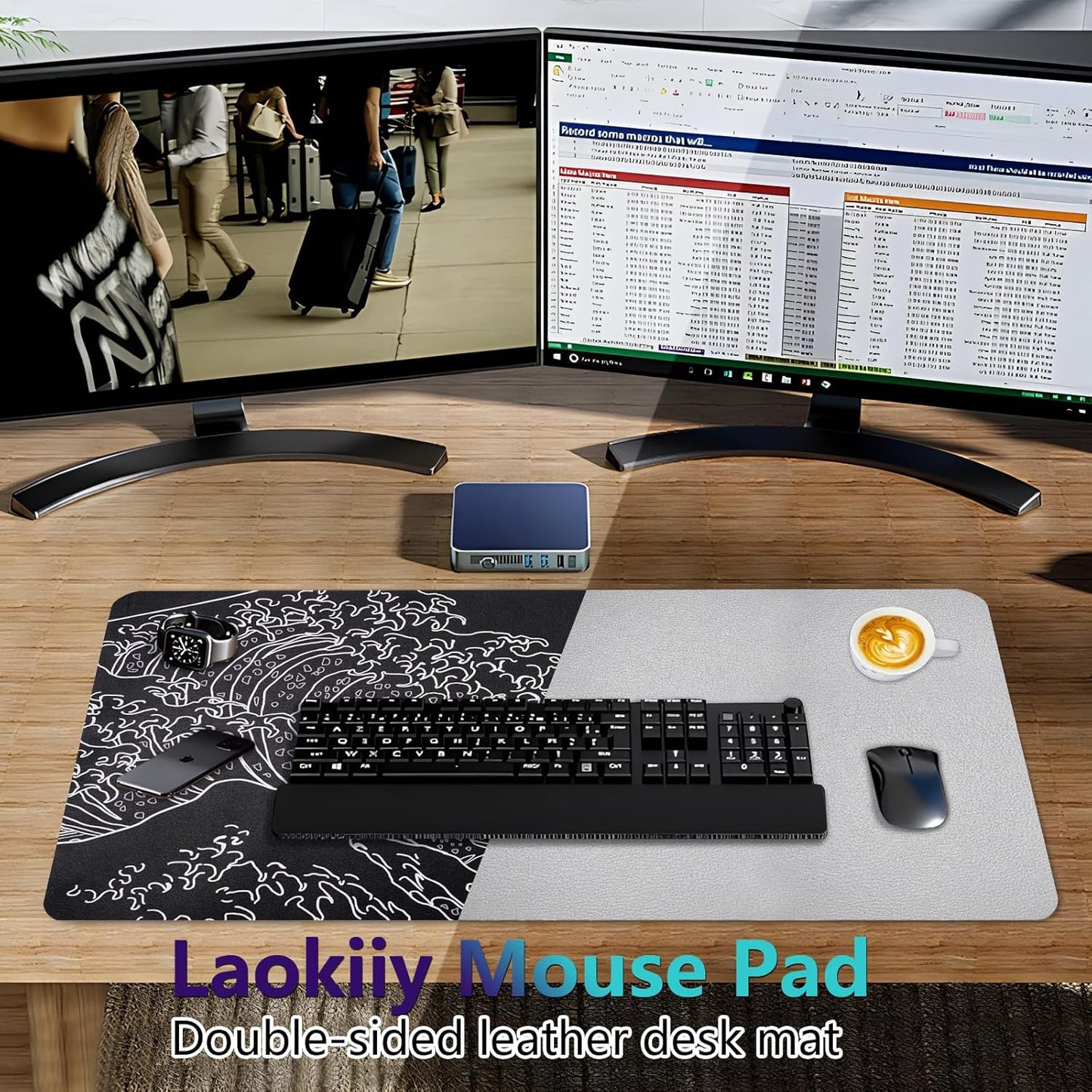 Dual-Sided Desk Pad, Large Mouse Pad - Natural Cork & PU Leather Non-Slip Waterproof Desk Mats for Office and Home (Blue, 31.5" x 15.7")