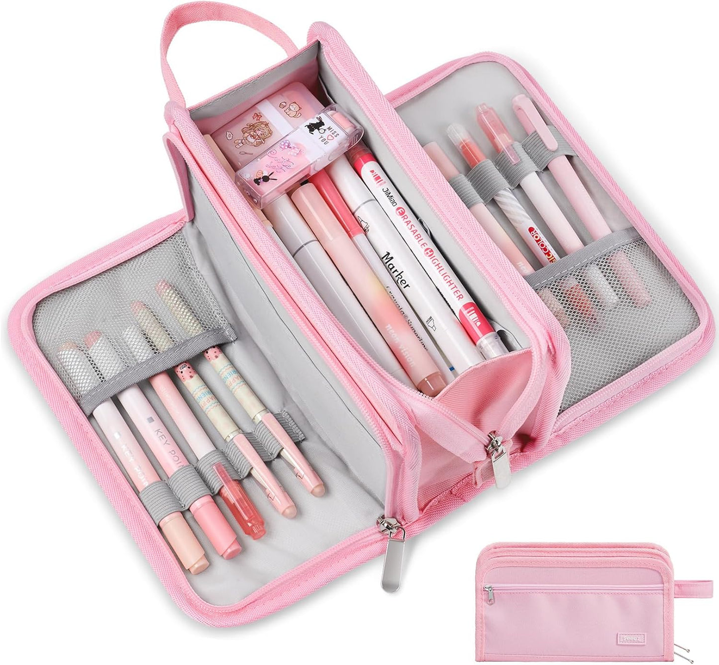 Sooez Large Pencil Case, Big Capacity Pencil Pouch Pen Bag with 3 Compartment, Portable Canvas Stationery Organizer with Zipper, Cute Aesthetic School Supplies for Teen Girls College, Pink with Plaid